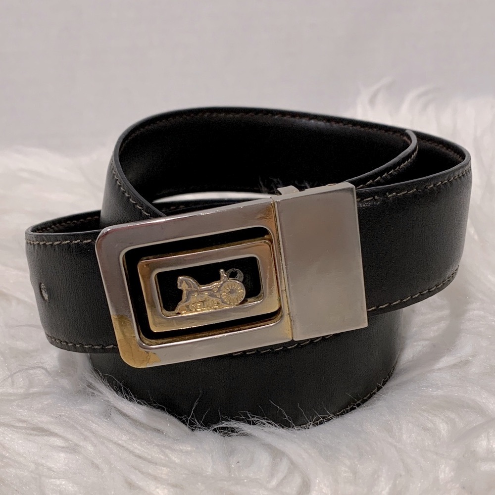 CELINE Black Leather Belt with Goldtone Carriage Buckle